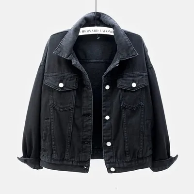 Spring Women Casual Edgy Solid Color Loose Long-sleeved Single-breasted Denim Jacket