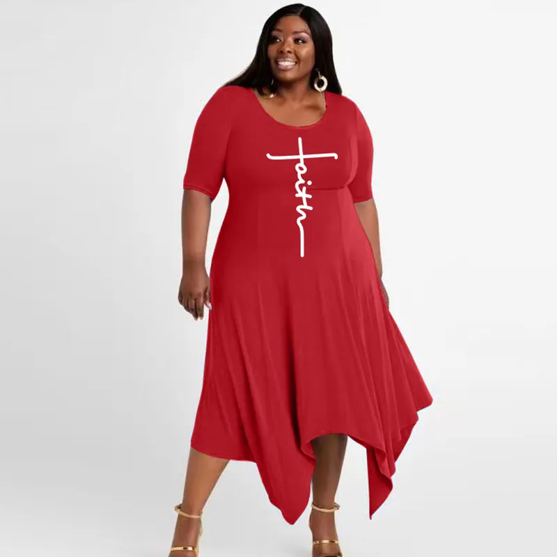 Wholesale Plus Size Women Casual Round Neck Faith Letter Printed Irregular  Hem Dress