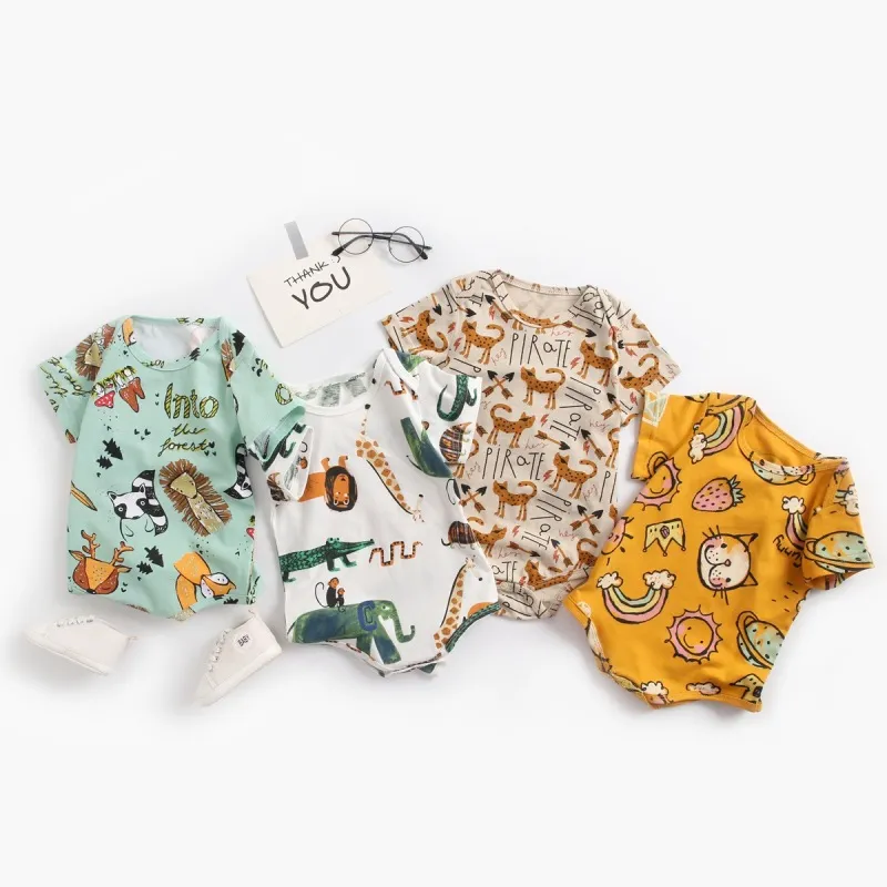 Baby Cute Cartoon Animal Round Neck Short Sleeve Romper Pullover Triangle Climb