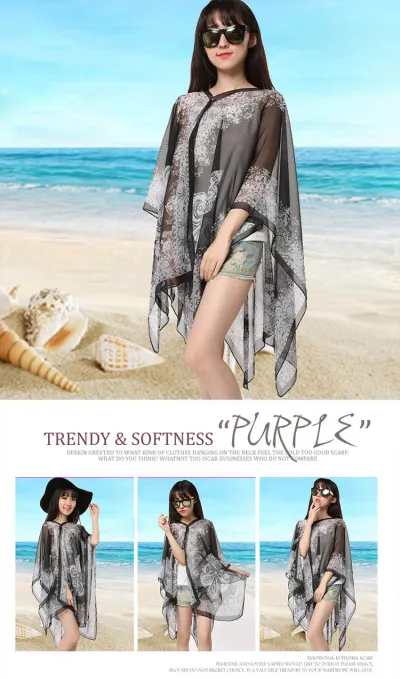 Women Spring Vintage Color Block Chiffon Beach Shawl Scarf
