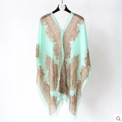 Women Spring Vintage Color Block Chiffon Beach Shawl Scarf