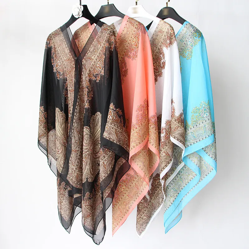 Women Spring Vintage Color Block Chiffon Beach Shawl Scarf