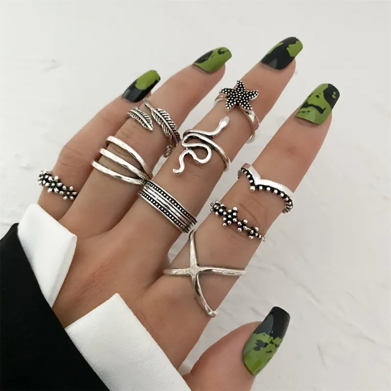 Vintage Geometric Design Alloy Serpent Starfish Leaf Ring Set for Women