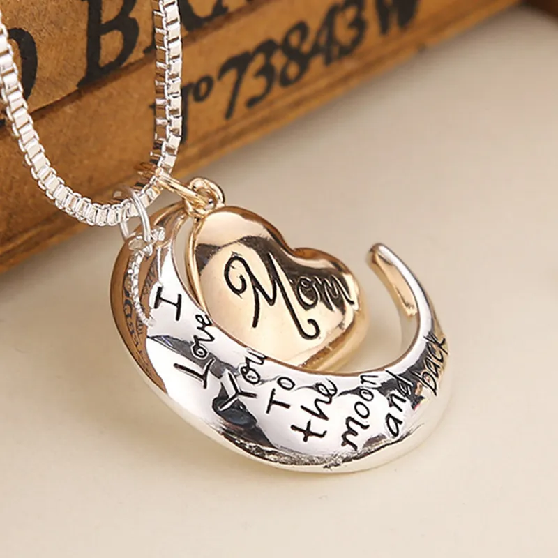 Mother Day Creative Moon Heart Pendant Letter Pattern Alloy Necklace