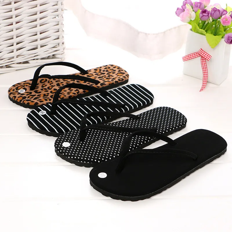Women Casual Stripe Leopard Pattern Flat Flip-Flops Beach Slippers EVA Sole