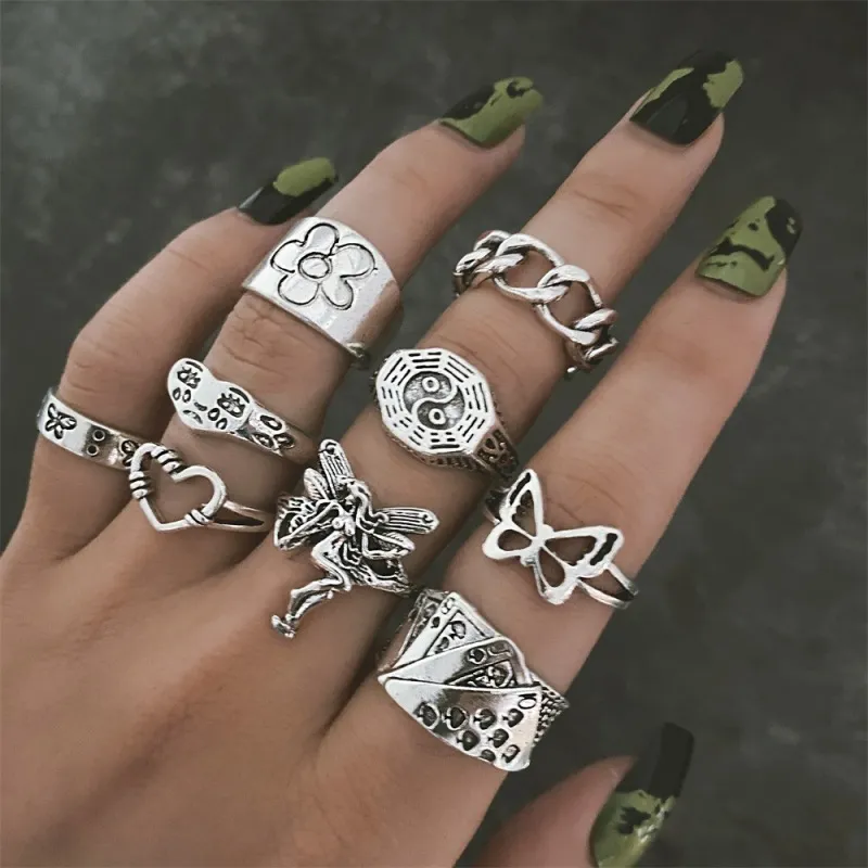 Vintage Geometric Butterfly Shape Hollow Design Alloy Ring Set Women's