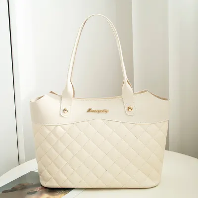 Women Vintage Quilted Stitching Solid Color Large Capacity PU Shoulder Tote Bag