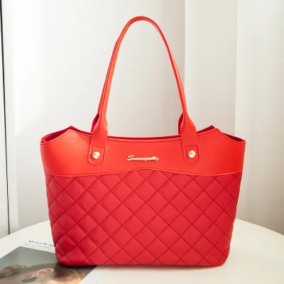 Women Vintage Quilted Stitching Solid Color Large Capacity PU Shoulder Tote Bag