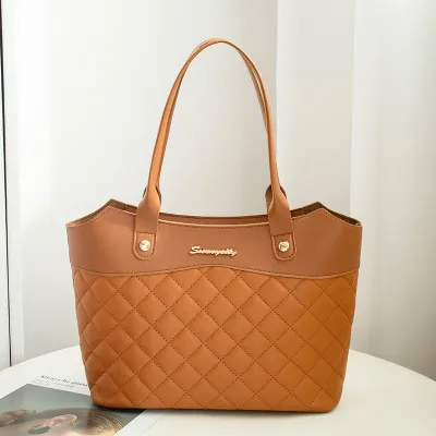 Women Vintage Quilted Stitching Solid Color Large Capacity PU Shoulder Tote Bag