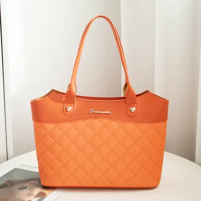 Women Vintage Quilted Stitching Solid Color Large Capacity PU Shoulder Tote Bag
