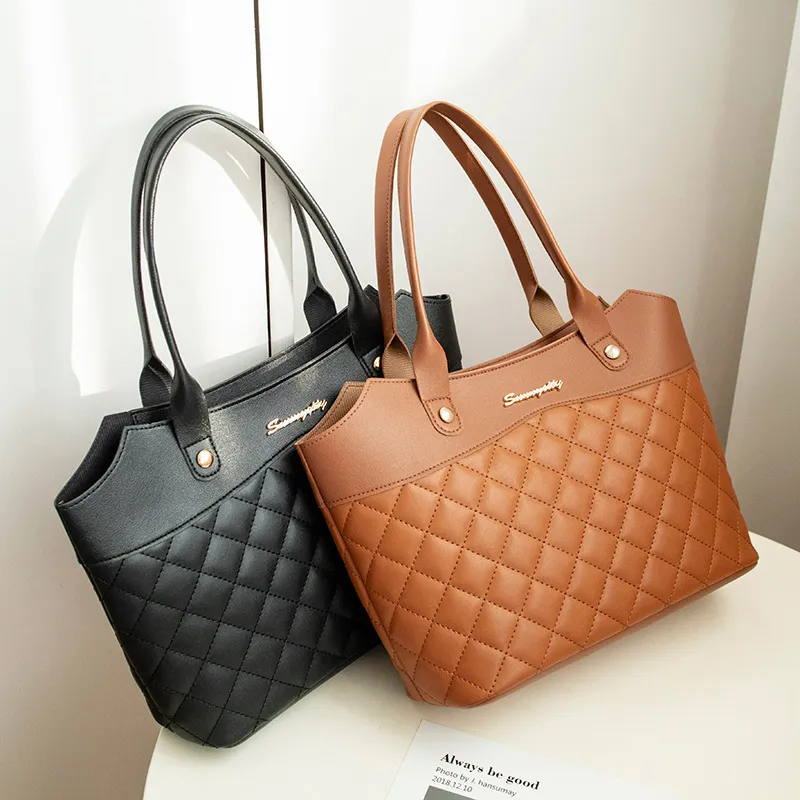 Women Vintage Quilted Stitching Solid Color Large Capacity PU Shoulder Tote Bag
