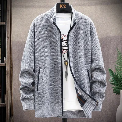 Men Casual Long Sleeve Multi-pocket Design Zipper Stand Collar Thick Knit Cardigan