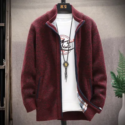 Men Casual Long Sleeve Multi-pocket Design Zipper Stand Collar Thick Knit Cardigan