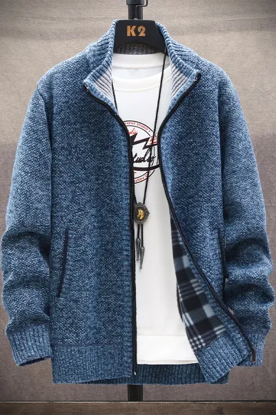 Men Casual Long Sleeve Multi-pocket Design Zipper Stand Collar Thick Knit Cardigan