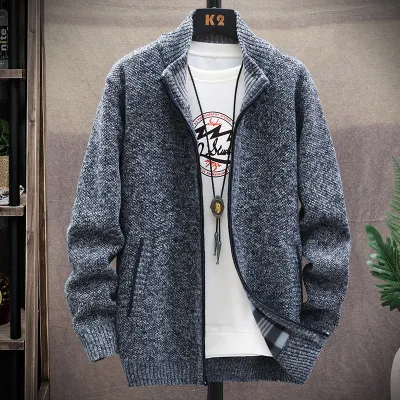Men Casual Long Sleeve Multi-pocket Design Zipper Stand Collar Thick Knit Cardigan