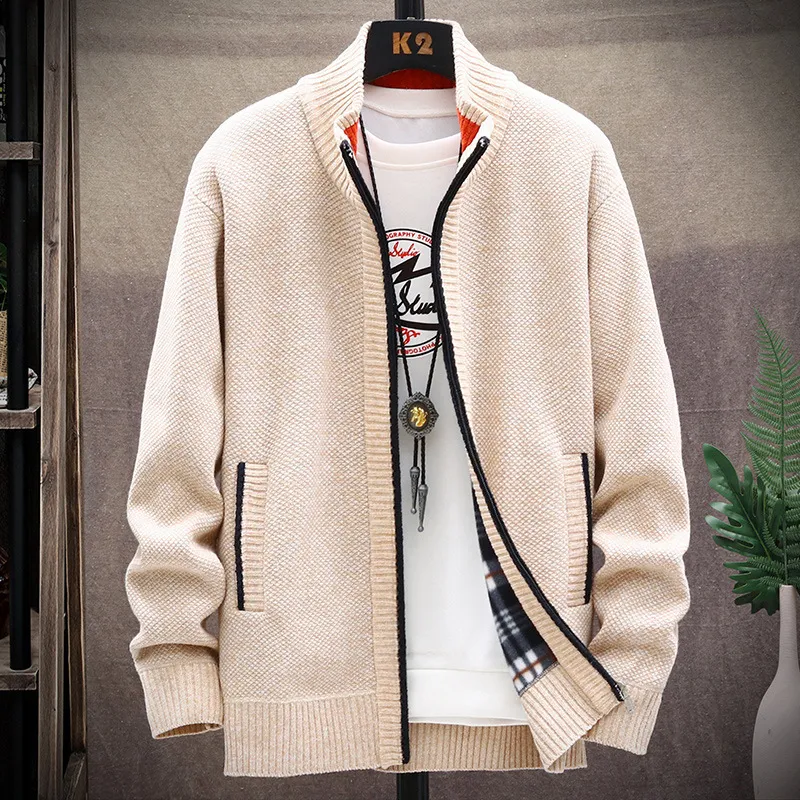 Men Casual Long Sleeve Multi-pocket Design Zipper Stand Collar Thick Knit Cardigan