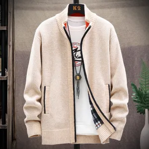 Men Casual Long Sleeve Multi-pocket Design Zipper Stand Collar Thick Knit Cardigan