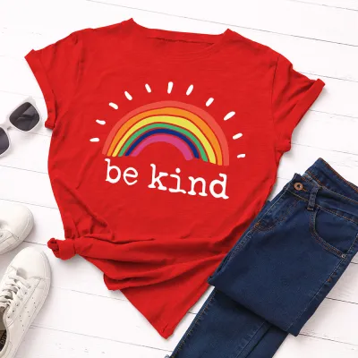Women Casual Loose Plus Size Round Neck Short-sleeved Rainbow Graphic Letter Printed Colored T-shirt