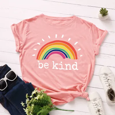 Women Casual Loose Plus Size Round Neck Short-sleeved Rainbow Graphic Letter Printed Colored T-shirt
