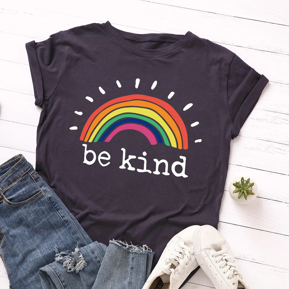 Women Casual Loose Plus Size Round Neck Short-sleeved Rainbow Graphic Letter Printed Colored T-shirt