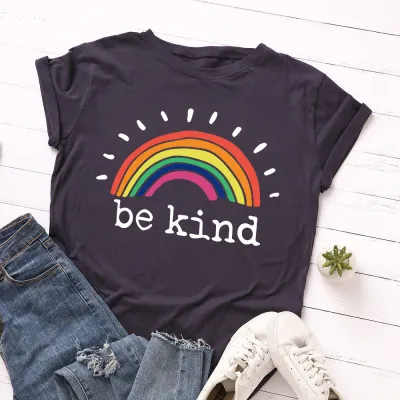 Women Casual Loose Plus Size Round Neck Short-sleeved Rainbow Graphic Letter Printed Colored T-shirt