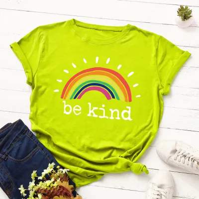 Women Casual Loose Plus Size Round Neck Short-sleeved Rainbow Graphic Letter Printed Colored T-shirt