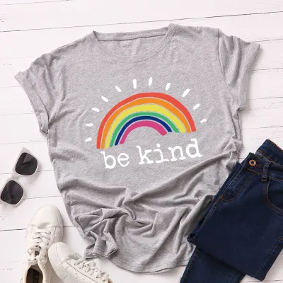 Women Casual Loose Plus Size Round Neck Short-sleeved Rainbow Graphic Letter Printed Colored T-shirt