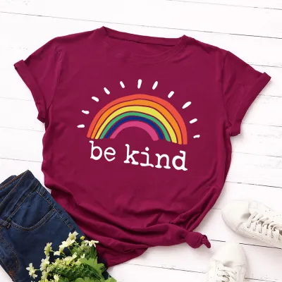 Women Casual Loose Plus Size Round Neck Short-sleeved Rainbow Graphic Letter Printed Colored T-shirt