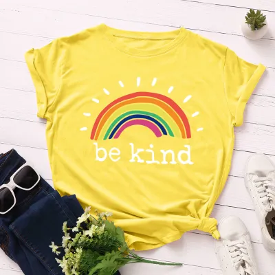 Women Casual Loose Plus Size Round Neck Short-sleeved Rainbow Graphic Letter Printed Colored T-shirt