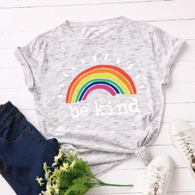 Women Casual Loose Plus Size Round Neck Short-sleeved Rainbow Graphic Letter Printed Colored T-shirt