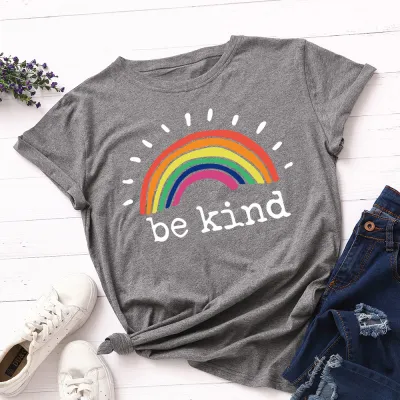 Women Casual Loose Plus Size Round Neck Short-sleeved Rainbow Graphic Letter Printed Colored T-shirt