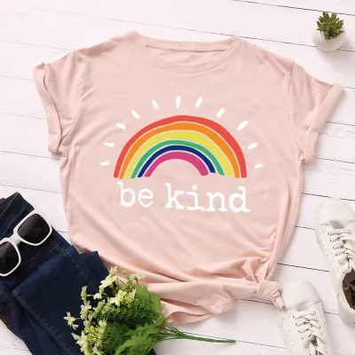 Women Casual Loose Plus Size Round Neck Short-sleeved Rainbow Graphic Letter Printed Colored T-shirt