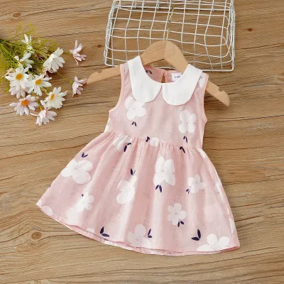 Girls Cute Sleeveless Doll Collar Flower All Over Print Cotton Princess Dress