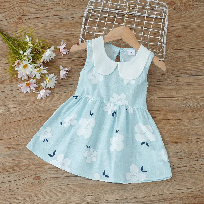 Girls Cute Sleeveless Doll Collar Flower All Over Print Cotton Princess Dress