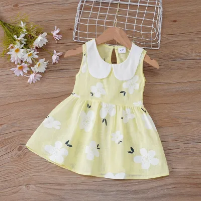 Girls Cute Sleeveless Doll Collar Flower All Over Print Cotton Princess Dress