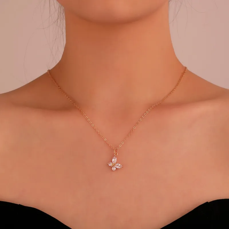 Simple Butterfly Pendant Crystal Decorated Alloy Vintage Necklace