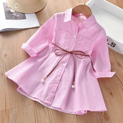 Girls Casual Lapel Long Sleeve Striped Shirt Dress for Toddler Baby Girls