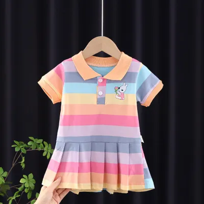 Girls Cute Lapel Striped Short-sleeved Pleated College Dress for Baby Girls 0-3T
