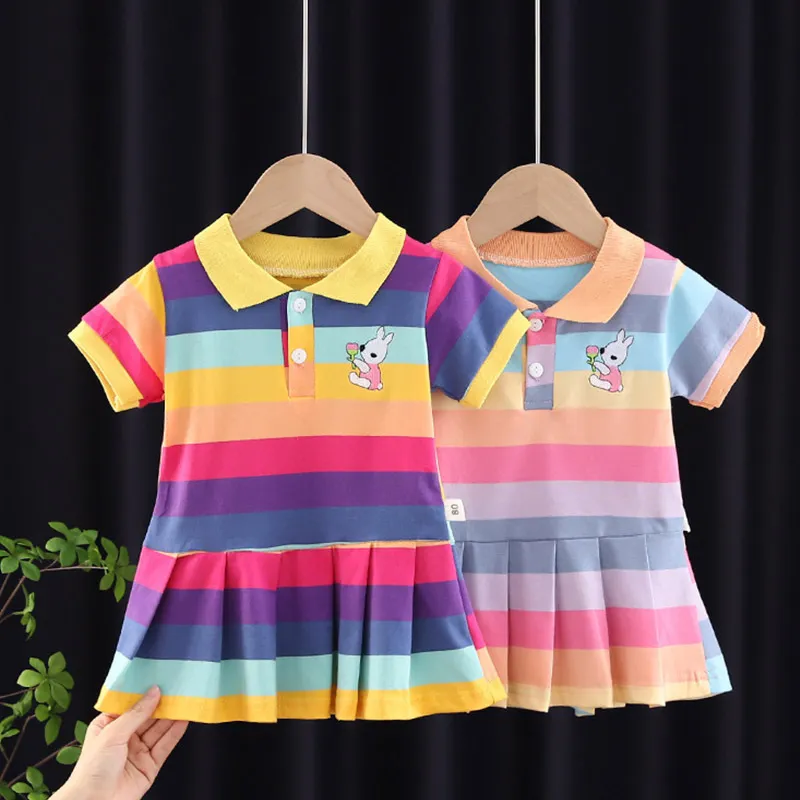 Girls Cute Lapel Striped Short-sleeved Pleated College Dress for Baby Girls 0-3T