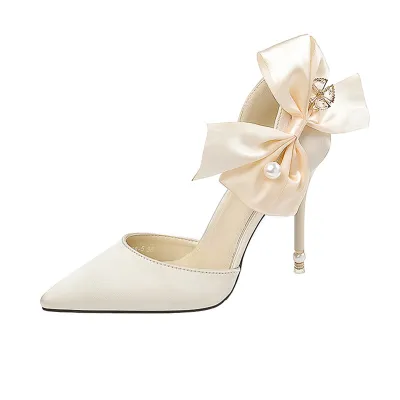 Women Fashion Wedding Bridal High Heels Satin Sweet Bowknot Stiletto Pointed Toe Pumps