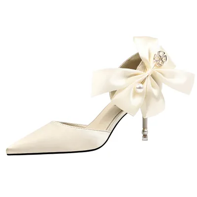 Women Fashion Wedding Bridal High Heels Satin Sweet Bowknot Stiletto Pointed Toe Pumps