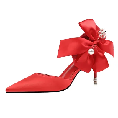 Women Fashion Wedding Bridal High Heels Satin Sweet Bowknot Stiletto Pointed Toe Pumps