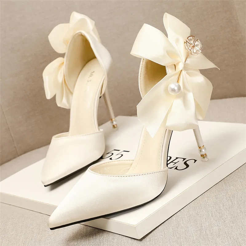 Women Fashion Wedding Bridal High Heels Satin Sweet Bowknot Stiletto Pointed Toe Pumps