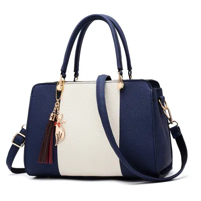 Women Vintage Tassel Decoration Color Blocking Large Capacity Shoulder Handle Bag
