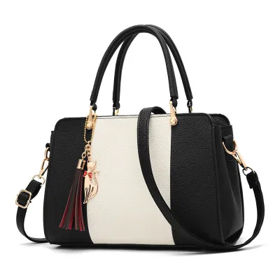 Women Vintage Tassel Decoration Color Blocking Large Capacity Shoulder Handle Bag