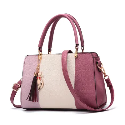 Women Vintage Tassel Decoration Color Blocking Large Capacity Shoulder Handle Bag