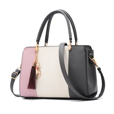 Women Vintage Tassel Decoration Color Blocking Large Capacity Shoulder Handle Bag