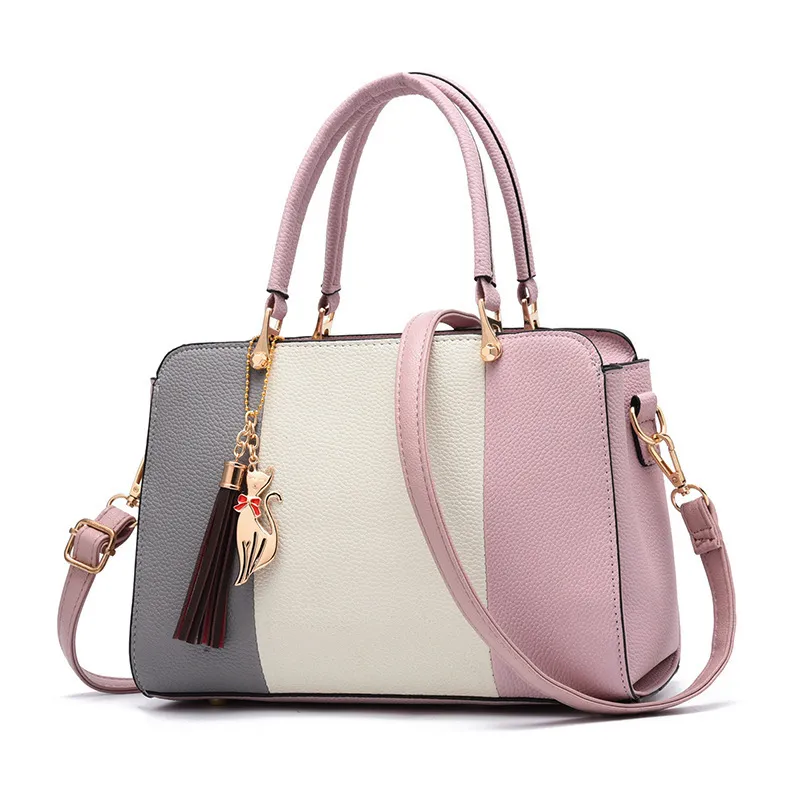 Women Vintage Tassel Decoration Color Blocking Large Capacity Shoulder Handle Bag
