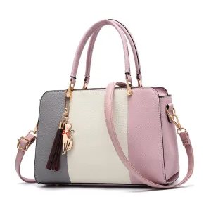 Women Vintage Tassel Decoration Color Blocking Large Capacity Shoulder Handle Bag