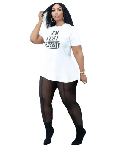 Women Casual Letter Short Sleeves Round Neck T-shirt And Sexy Mesh See-through Leggings Two Piece Set